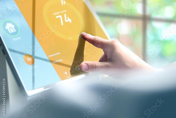 Fototapeta Man is Adjusting a  temperature  on the thermostat using a tablet with smart home app