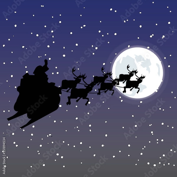 Fototapeta Santa and Sled Riding in the Snowy Night Sky
