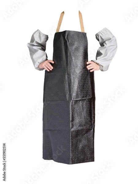 Obraz Working apron, protection against water and dirt. Protective rubber apron. Overalls to protect workers from harmful production factors. Rubberized oversleeves for personal protection with rubber cuff.