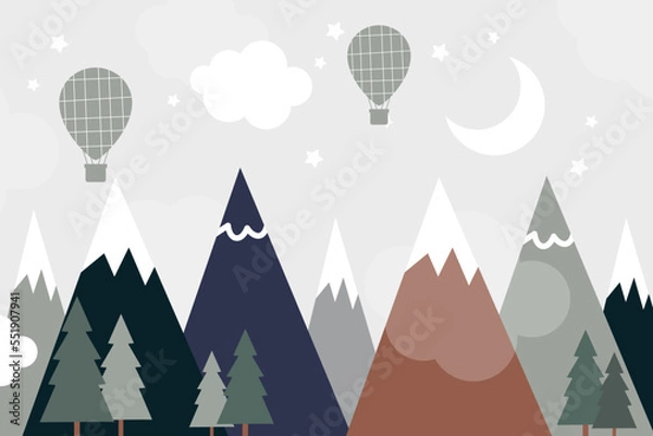 Fototapeta Vector hand drawn modern design of kids mountains. Mountains in doodle style. For children's wallpapers. Mountains, clouds, tree, forest, air balloon, moon and stars.