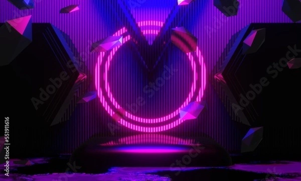 Fototapeta 3d illustration rendering,gaming gamer background abstract wallpaper,cyberpunk style metaverse scifi game, neon glow of stage scene pedestal room