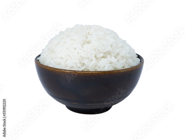 Fototapeta Bowl of cooked rice isolated on white background, top view with PNG.