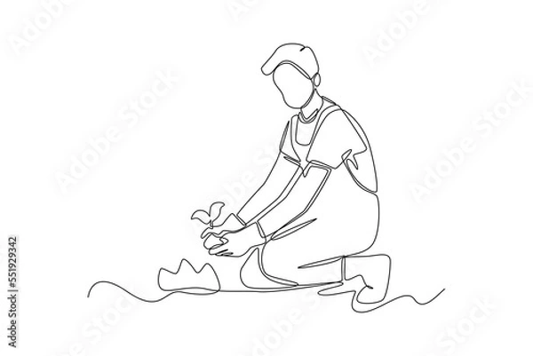 Fototapeta Continuous one line drawing Boy farmer planting plant shoots in the ground. Agriculture concept. Single line draw design vector graphic illustration.