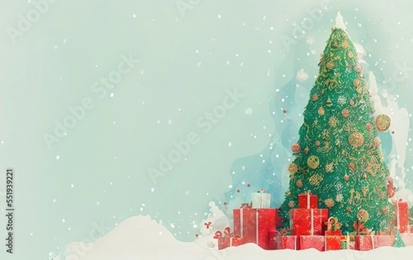 Fototapeta Christmas tree and gifts with copy space in generative AI
