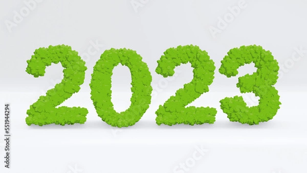 Fototapeta 3D illustration of Green ecosystem concept in New year 2023. Number with cute bush style on with backgroun. Clipping path