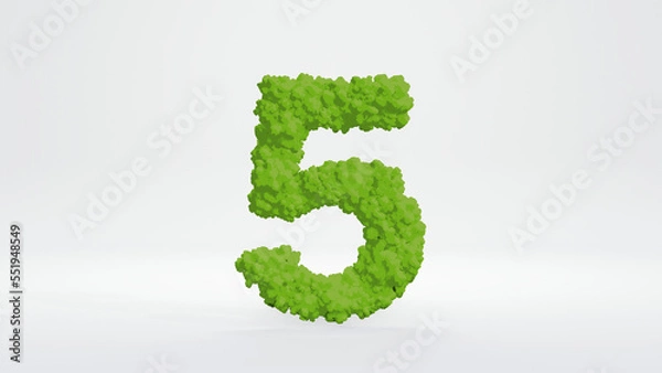Fototapeta 3D illustration of number five. Cute green bush style, isolated on white background with clipping path. 