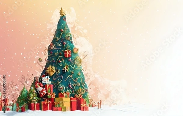 Fototapeta christmas tree and gifts on beige background with copy space in generative AI