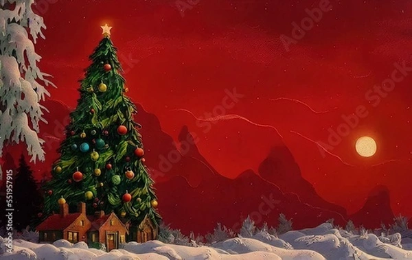 Fototapeta Christmas tree and gifts on red background with copy space in generative AI