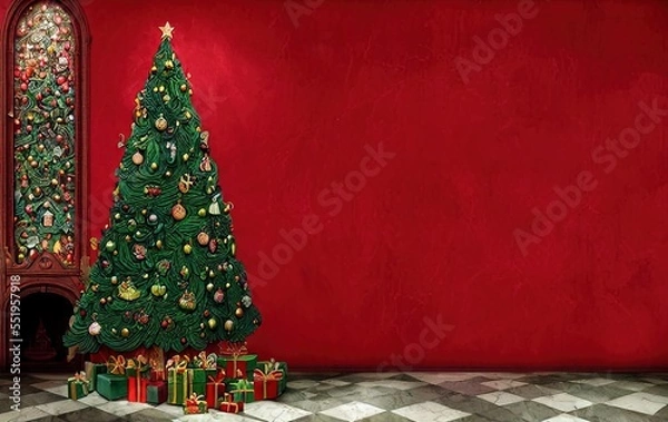 Fototapeta Christmas tree and gifts on red background with copy space in generative AI