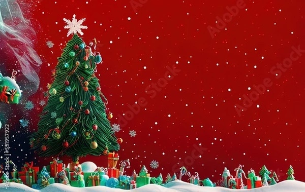 Fototapeta Christmas tree and gifts on red background with copy space in generative AI