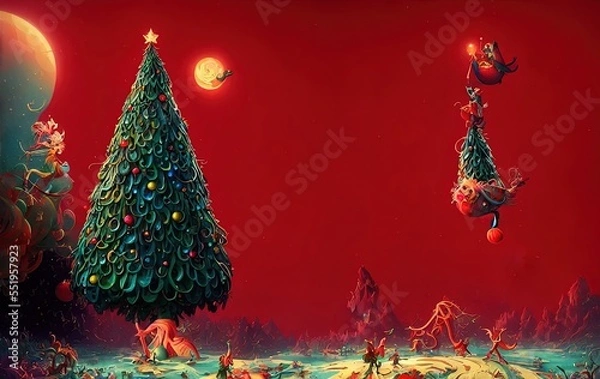 Fototapeta Christmas tree and gifts on red background with copy space in generative AI