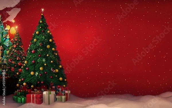 Fototapeta Christmas tree and gifts on red background with copy space in generative AI