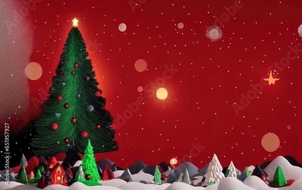 Fototapeta Christmas tree and gifts on red background with copy space in generative AI