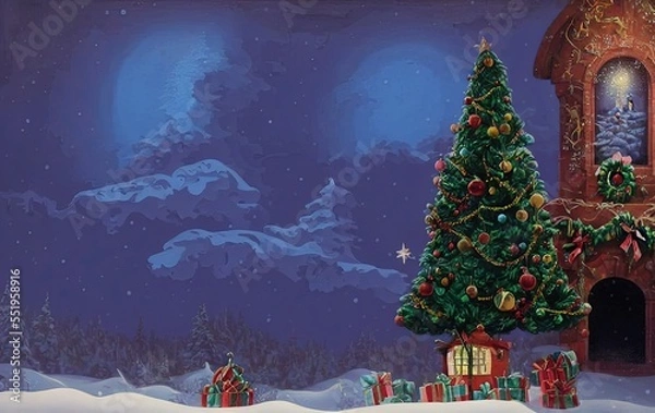 Fototapeta Christmas tree and gifts on blue background with copy space in generative AI