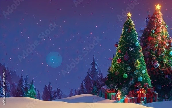Fototapeta Christmas tree and gifts on blue background with copy space in generative AI