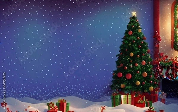Fototapeta Christmas tree and gifts on blue background with copy space in generative AI