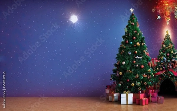 Fototapeta Christmas tree and gifts on blue background with copy space in generative AI