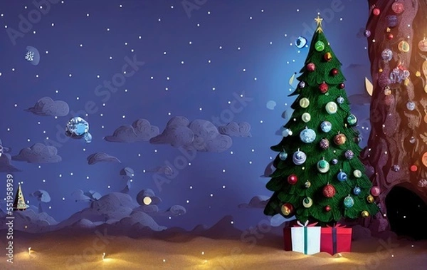 Fototapeta Christmas tree and gifts on blue background with copy space in generative AI