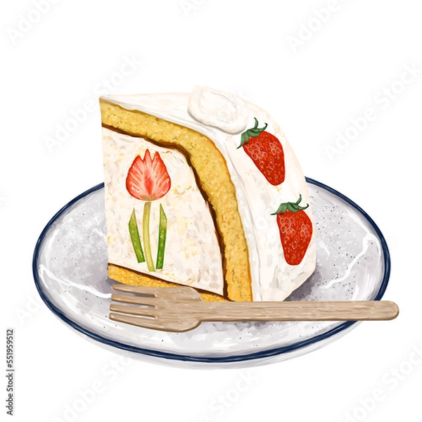 Fototapeta 皿に載った苺のドームケーキ　フォーク付き　ショートケーキ　タルギケーキ　韓国スイーツ
