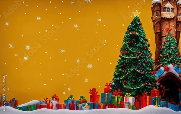 Fototapeta Christmas tree and gifts on yellow background with copy space in generative AI