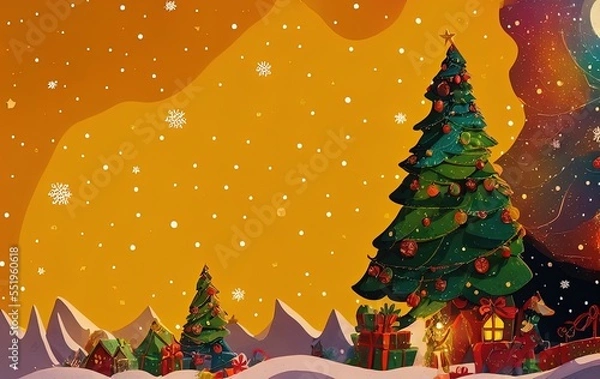Fototapeta Christmas tree and gifts on yellow background with copy space in generative AI