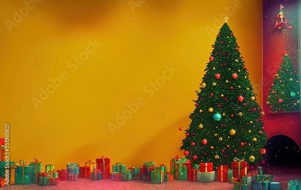 Fototapeta Christmas tree and gifts on yellow background with copy space in generative AI