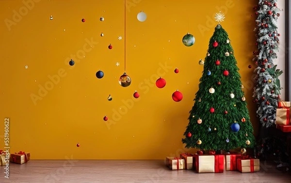 Fototapeta Christmas tree and gifts on yellow background with copy space in generative AI