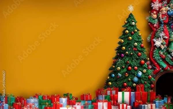 Fototapeta Christmas tree and gifts on yellow background with copy space in generative AI