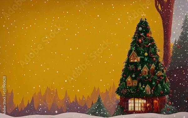 Fototapeta Christmas tree and gifts on yellow background with copy space in generative AI