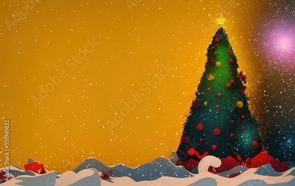 Fototapeta Christmas tree and gifts on yellow background with copy space in generative AI