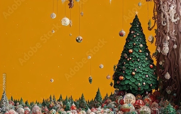 Fototapeta Christmas tree and gifts on yellow background with copy space in generative AI