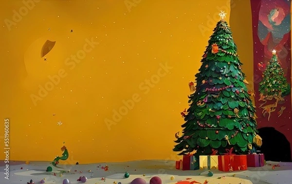 Fototapeta Christmas tree and gifts on yellow background with copy space in generative AI