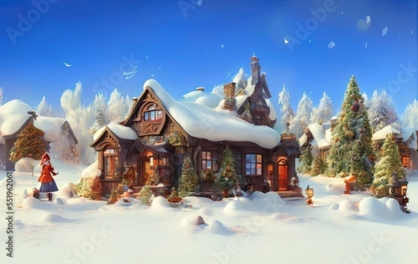 Fototapeta house and trees in the snow in generative AI