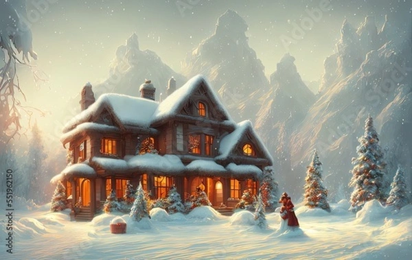 Fototapeta house, trees and mountains in the snow in generative AI