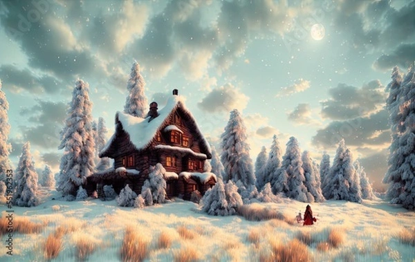 Fototapeta house, trees and mountains in the snow in generative AI