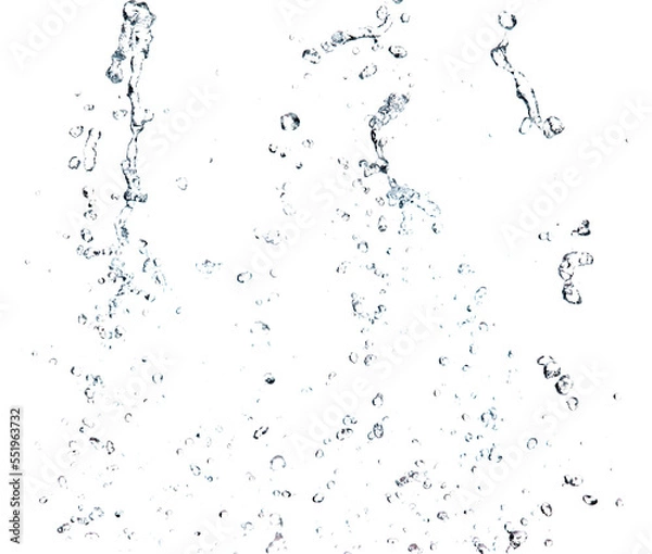 Fototapeta Shape form droplet of Water splashes into drop water line tube attack fluttering in air and stop motion freeze shot. Splash Water for texture graphic resource elements, White background isolated