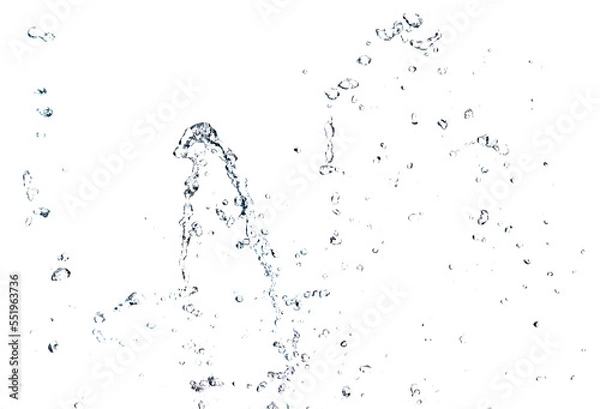 Fototapeta Shape form droplet of Water splashes into drop water line tube attack fluttering in air and stop motion freeze shot. Splash Water for texture graphic resource elements, White background isolated