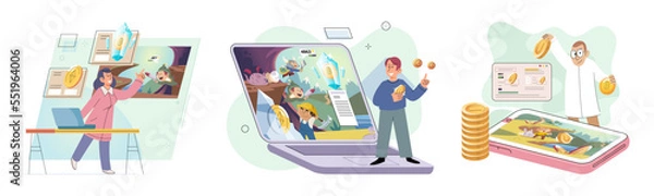 Fototapeta Gaming with cryptocurrency, gameplay to earn, Metaverse, digital world, virtual character . Play to earn games created on basis of blockchain project with elements of NFT. Blackchain mobile game