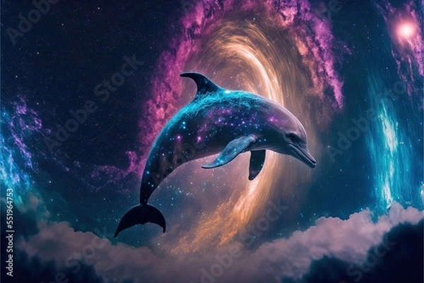 Fototapeta dolphin in the night while jumping out of the ocean with milky way in background, very beautiful
