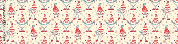 Fototapeta Wide Cute Christmas wallpaper with gnomes in fun santa hats. Scandinavian elves, noel character. Used for wrapping paper, as surface seamless texture, pattern fills, web page or profile background