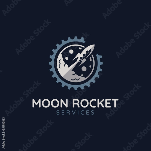 Fototapeta Rocket logo vector, moon with gear, Suitable for engineering, transportation, travel and other business.