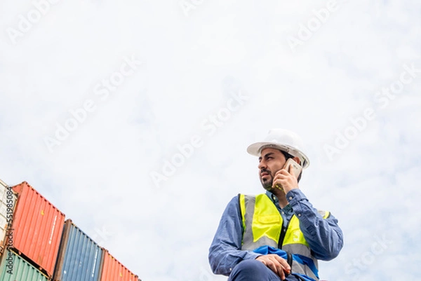 Fototapeta A male specialist engineer is on the phone with an employee of a container shipping company. Logistics global cargo container concept.