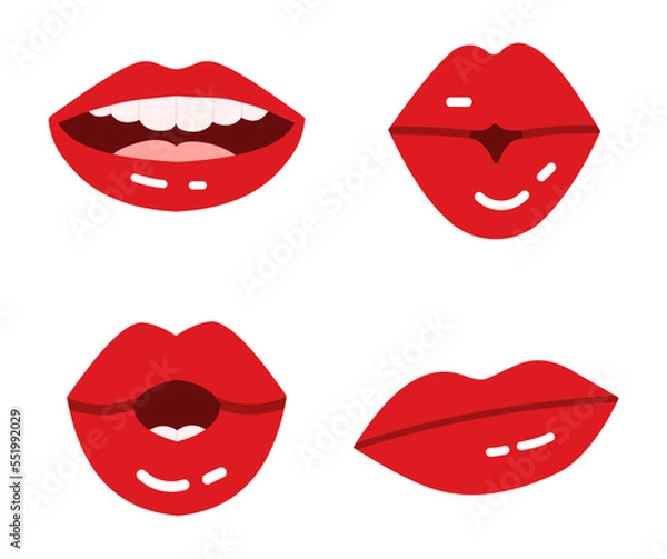Fototapeta Cartoon lips. Glossy red seductive lipstick for ladies. Kissing, smiling with teeth, surprised and hesitating expressions