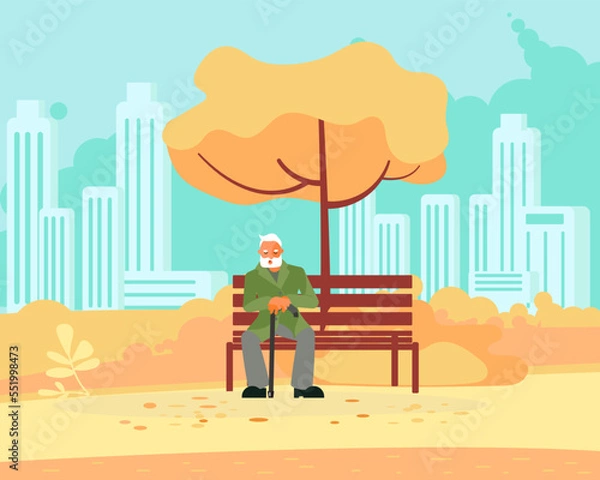 Obraz Alone grandpa sitting on bench under tree in autumn city park.