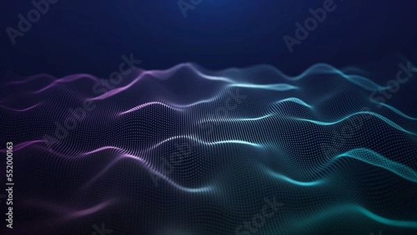 Obraz A musical wave of digital particles. Visualization of big data. Abstract blue cyberspace background. 3D rendering.