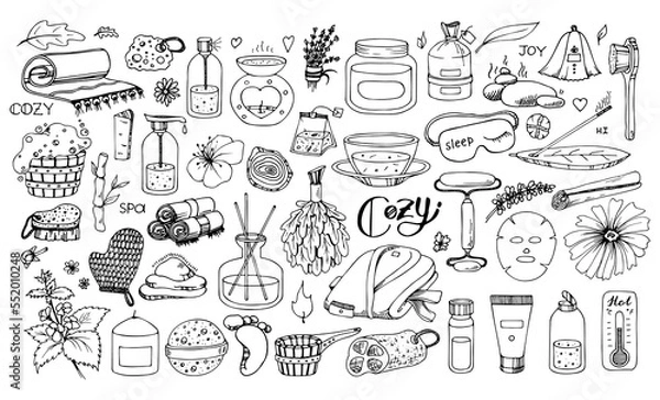 Obraz Sauna Doodle Set. Hand drawn bathing accessories. Vector outline illustration