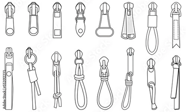 Obraz zipper pullers vector illustration zip heads, zipper sliders flat sketch
