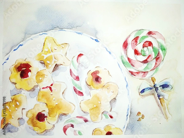 Fototapeta Gingerbread cookies on plate, lollypop candy watercolor illustration.