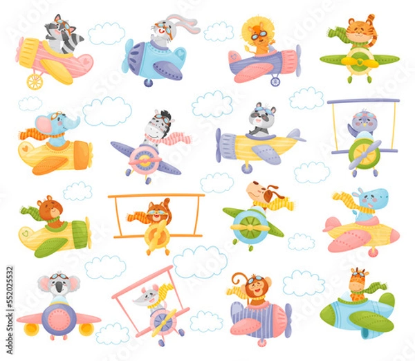 Fototapeta Collection of Cute Animals Pilots Flying on Retro Planes in the Sky Big Vector Set
