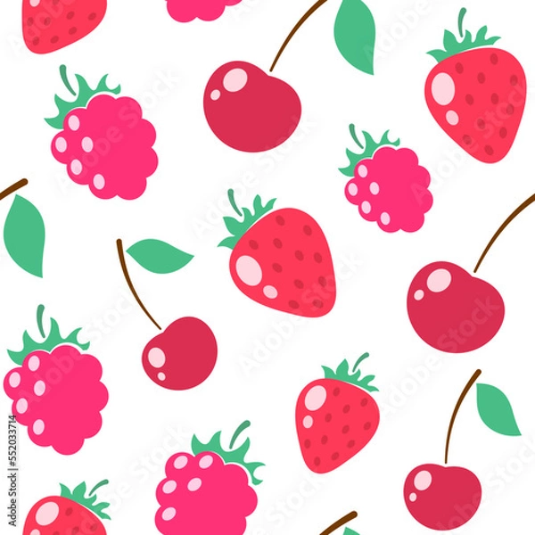 Fototapeta Seamless pattern with cherries, raspberries and strawberries, simple illustration